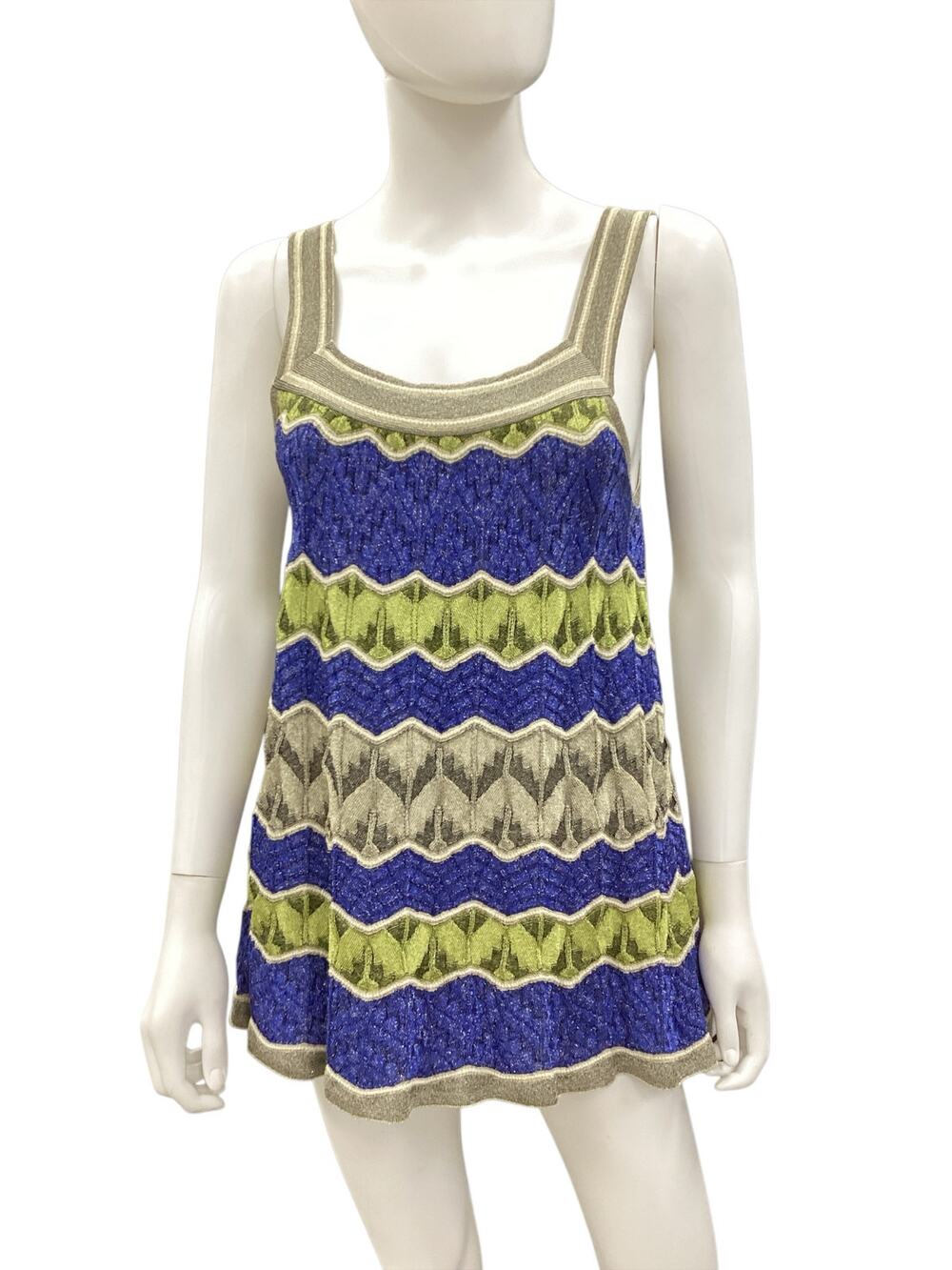 M Missoni Top Women’s SZ S Knit Cami Style Gold Shimmer Wavy Pattern Blue &Green